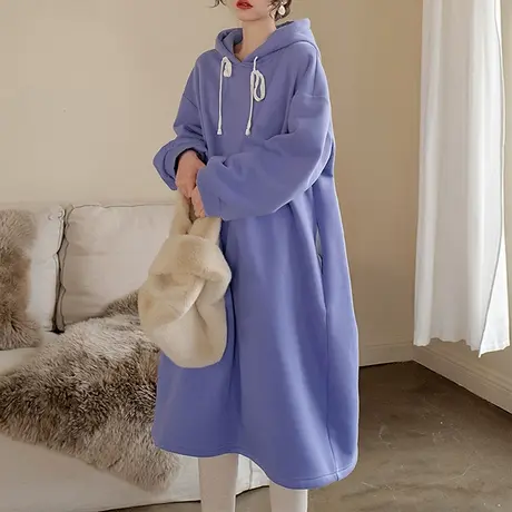 【买一送一】秋冬棉质加绒连帽卫衣裙加大码韩版宽松显瘦连衣裙商品大图