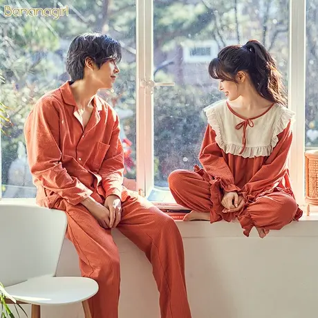 Bananagirl睡衣女春秋纯棉韩版宽松甜美公主风蕾丝情侣睡衣男长袖商品大图