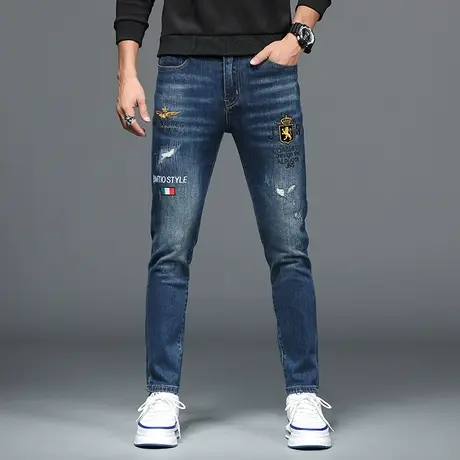 欧美轻奢时尚男士修身小脚牛仔裤休闲春夏裤子百搭直筒水洗韩版商品大图