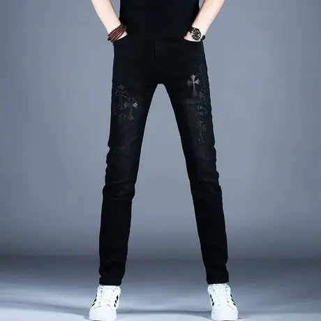男士秋冬新款牛仔裤男款百搭黑色刺绣精致小脚裤子潮牌男美式高街商品大图