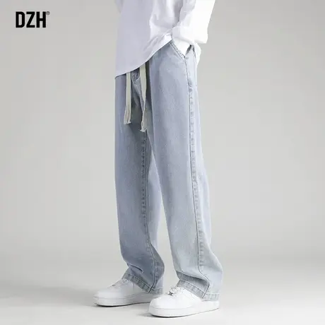 男士浅色直筒牛仔裤男春秋款松紧腰裤2024新款宽松阔腿裤潮牌裤子商品大图