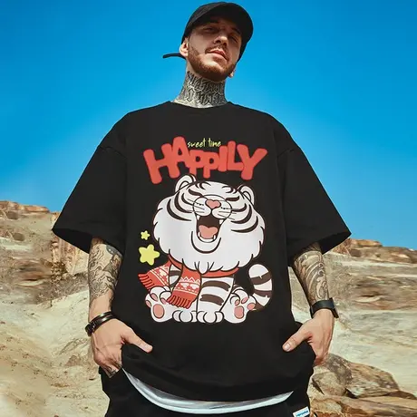 五分袖t恤男潮牌宽松大码男装情侣半袖2024新款短袖加肥加大体恤商品大图