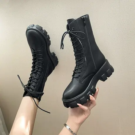 马丁靴女英伦风2024秋新款透气小个子中筒显瘦单靴厚底白色短靴子商品大图