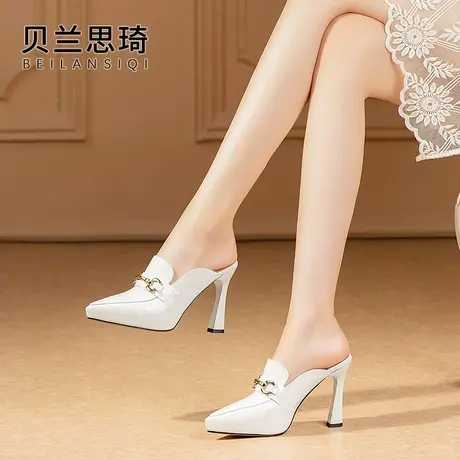 真皮尖头防水台高跟鞋女2025春夏季新款漆皮厚底粗跟包头凉拖鞋图片