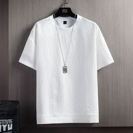 亚麻t恤男士短袖衣服夏季2023新款纯白色半袖体恤棉麻冰丝五分袖图片