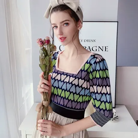 粉红大布娃娃泫雅风方领短款高腰上衣女2022春季新款半袖针织衫图片