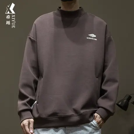 希越重磅热暖绒半高领卫衣男美式潮牌春秋款宽松大码男士打底T恤商品大图