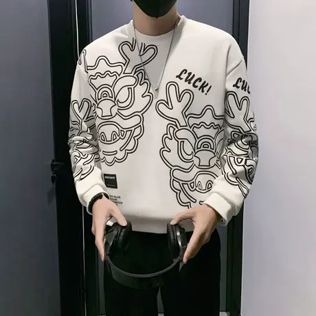 加绒卫衣男秋冬个性ins轻熟加厚卡通龙头提花潮牌打底长袖t恤上衣商品大图