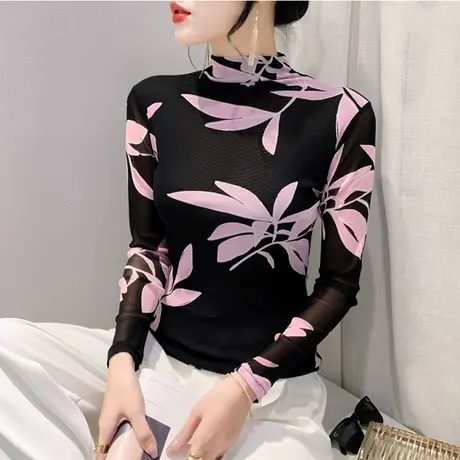 欧货女装春装2024新款T恤网纱印花洋气内塔长袖修身上衣女打底衫商品大图