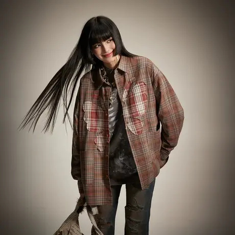 潮牌蝴蝶贴布绣复古格子衬衫女春秋2024年新款设计感宽松衬衣外套图片