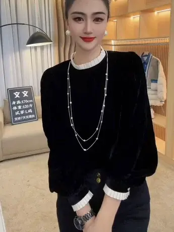 丝绒上衣衬衫女2024新款春秋高级感潮法式时尚气质撞色拼接打底衫商品大图