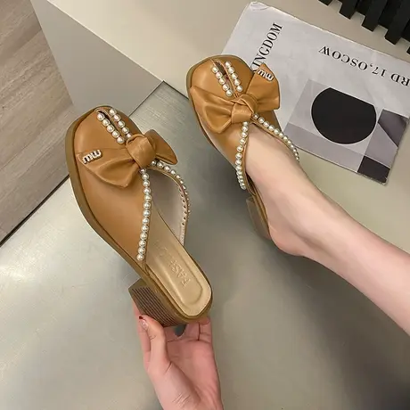 包头半拖鞋女夏季外穿2024年新款韩版蝴蝶结珍珠平底软底鱼嘴凉拖图片