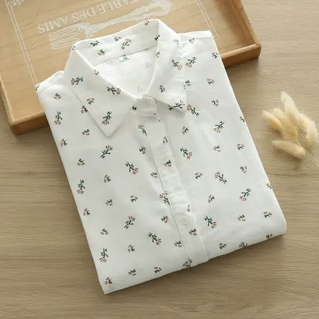 春秋小清新双层棉纱舒适小碎花长袖衬衫女文艺玫瑰花衬衣打底上衣图片