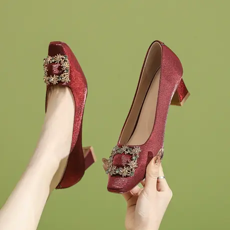 婚鞋新娘鞋秀禾婚纱两穿2024年新款方头水钻粗跟单鞋配裙子不累脚商品大图