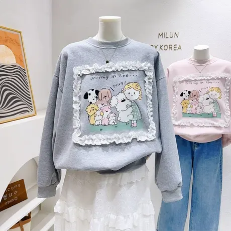 韩国东大门春季上衣奶fufu软糯卡通蕾丝边设计感洋气漂亮卫衣宽松商品大图