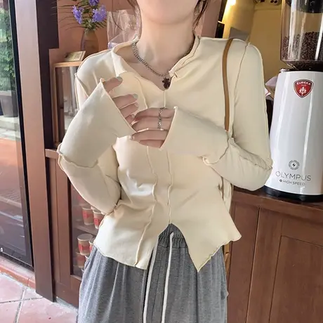 不规则设计感打底衫女2023新款春秋季修身内搭长袖t恤早春上衣服商品大图