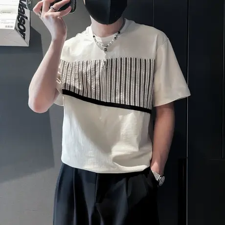 短袖T恤男夏季潮牌痞帅男装上衣2024新款条纹拼接轻熟夏天半袖T恤商品大图