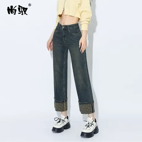 翻边印花弹力牛仔直筒裤女秋季新款蓝色阔腿裤水洗做旧时尚拖地裤商品大图