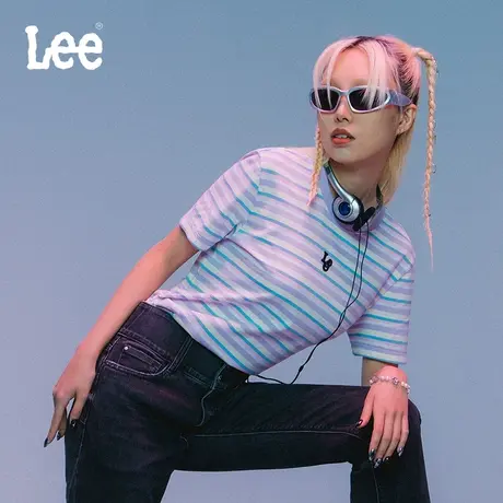 Lee商场同款24春夏新品舒适版粉紫色条纹女短袖T恤LWT007750204图片