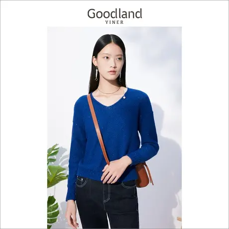 Goodland女装2022冬季珠片套头克莱因蓝v领毛衣针织衫商品大图