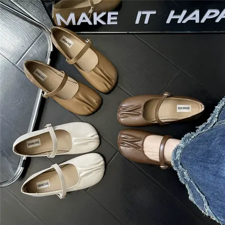 软底褶皱平底单鞋女2024今年新款夏季玛丽珍法式晚风一字带豆豆鞋图片