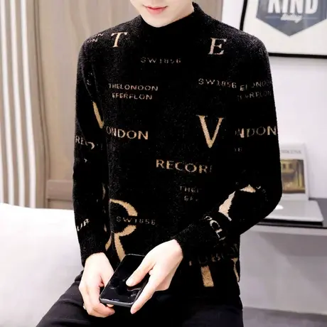 水貂绒毛衣男加绒加厚针织打底衫秋冬季学生保暖马海毛半高领线衣图片