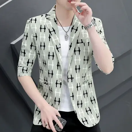 韩版七分袖小西服男士春夏季帅气外套发型师夜场网红短袖印花西装商品大图