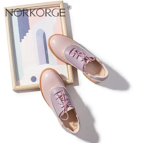 温柔粉紫色系带lo单鞋系带拼色软底女鞋商品大图