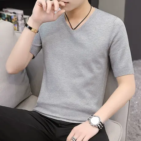 短袖毛衣男士t恤薄款v领针织打底衫2023新款秋冬半袖潮流纯色内搭商品大图