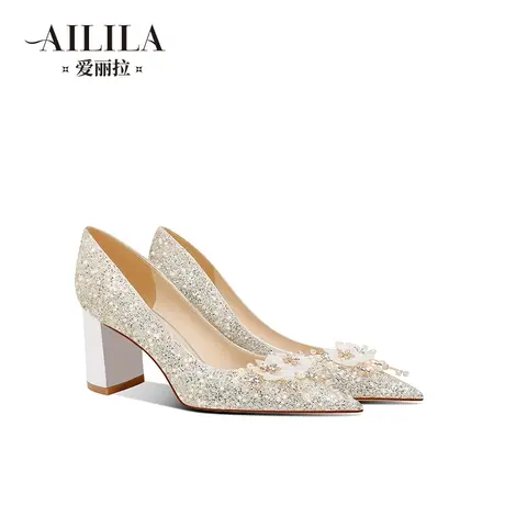 爱丽拉粗跟水晶结婚鞋女2023新款主婚纱新娘高跟鞋不累脚平时可穿商品大图
