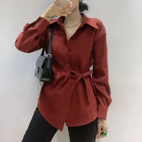 系带衬衫女2023春秋季长袖宽松收腰显瘦百搭上衣时尚洋气衬衣小衫图片