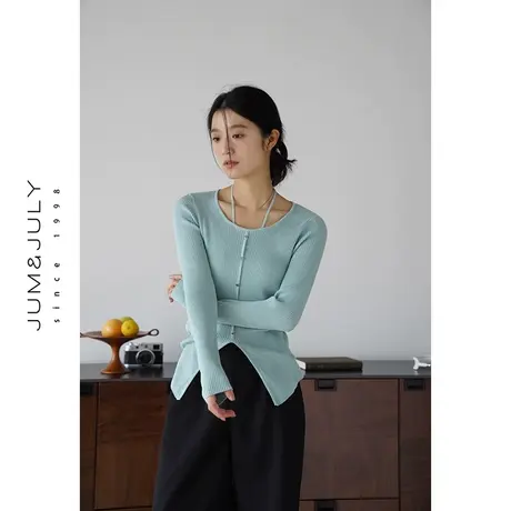 嘉茱莉2023秋季新款修身针织开衫外套女低圆领针织衫短款针织上衣商品大图