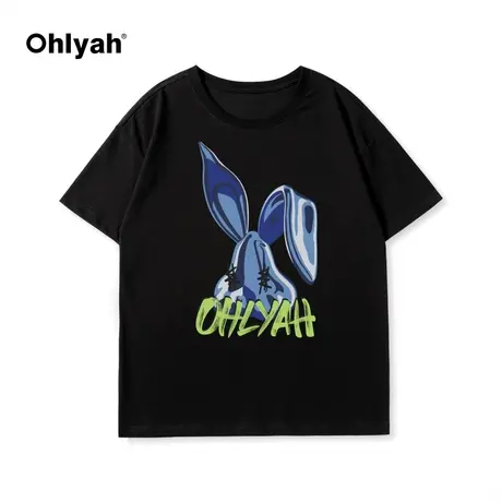 Ohlyah长耳朵蓝兔卡通印花短袖T恤女2023夏纯棉圆领宽松打底上衣商品大图