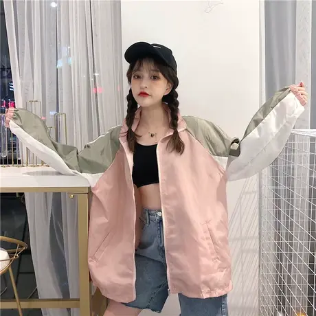 春夏季2021新款韩版宽松百搭薄款防晒衣女外套条纹运动夹克棒球服图片