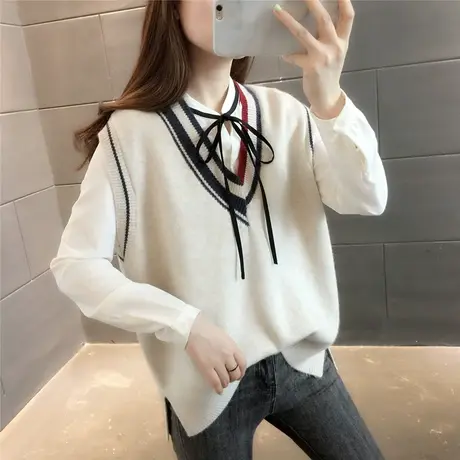 条纹V领毛衣女套头衫2023新款韩版春秋季马甲女内搭开叉坎肩上衣图片