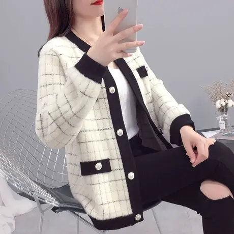 时尚毛衣外套女春秋款2023年新款仿水貂绒宽松短款针织开衫小个子图片