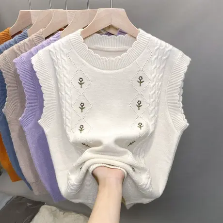 绣花针织背心马甲秋季女装圆领无袖毛衣2023年新款时尚洋气坎肩潮图片