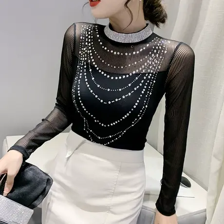 重工烫钻T恤女长袖春秋新款网纱拼接洋气上衣内搭半高领打底衫ins商品大图