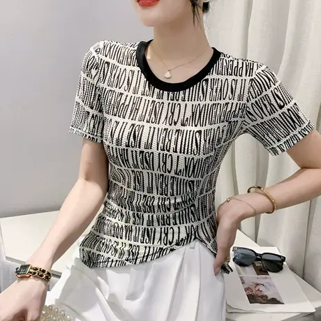 欧货设计感T恤女不规则开叉短袖时尚字母印花小衫修身网纱上衣ins商品大图