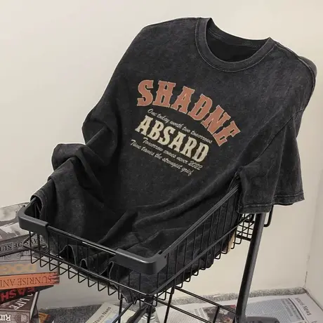 美式复古爆款重磅精梳棉水洗做旧短袖t恤男女情侣款潮牌宽松上衣图片