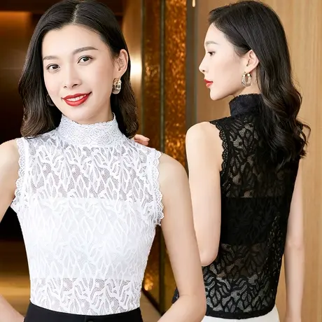 秋冬季内搭半高领蕾丝打底衫女修身洋气性感无袖内搭上衣蕾丝衫商品大图