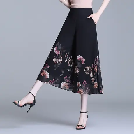 印花雪纺裙裤阔腿裤女夏季2023新款高腰大码宽松垂感七分休闲裤薄图片