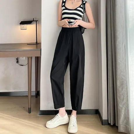 黑色松紧腰冰丝直筒裤女小个子夏季薄款显瘦休闲哈伦萝卜休闲裤子商品大图