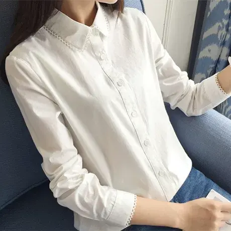 春秋新款韩版职业纯棉长袖白色衬衫女装蕾丝花边学生简约打底衬衣商品大图