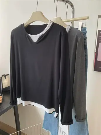 假两件坑条V领长袖T恤春季新款外穿体恤宽松显瘦弹力百搭套头上衣商品大图