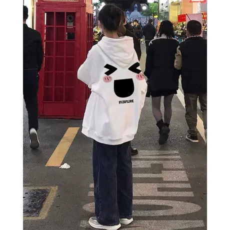 白色卫衣女小个子美式复古春秋款oversize连帽宽松小众设计感外套商品大图