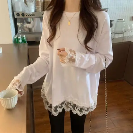 大码胖mm新款蕾丝长袖打底衫t恤韩风chic洋气温柔高级感上衣ins潮商品大图