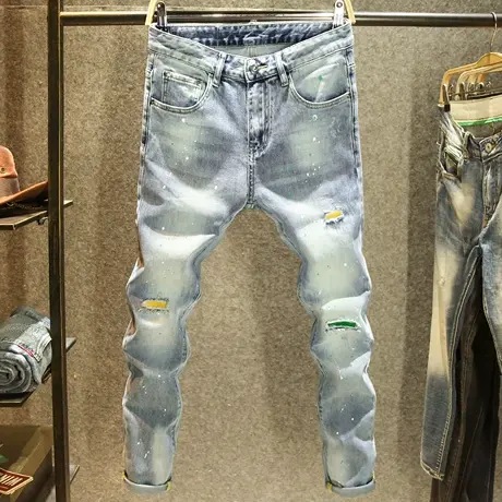 破洞补丁帅气牛仔裤男款韩版修身小脚裤潮牌时尚泼墨高街弹力长裤商品大图