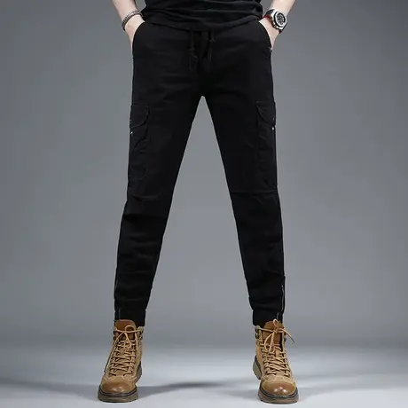 黑色工装裤男夏季薄款潮牌修身束脚多口袋休闲男士裤子纯棉弹力商品大图