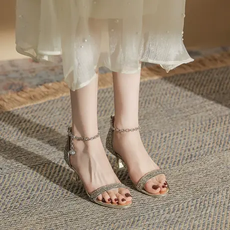 一字扣带凉鞋2023年夏季新款露趾高跟鞋女细跟性感仙女风水晶单鞋商品大图